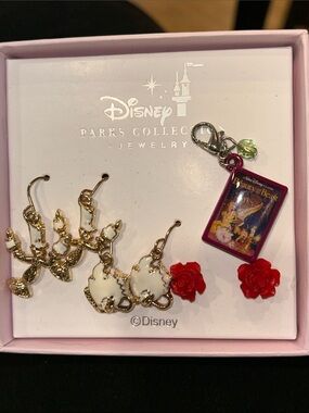 Disney Beauty and the Beast Charm & earring set - Gold, White, Red, Pink, Green